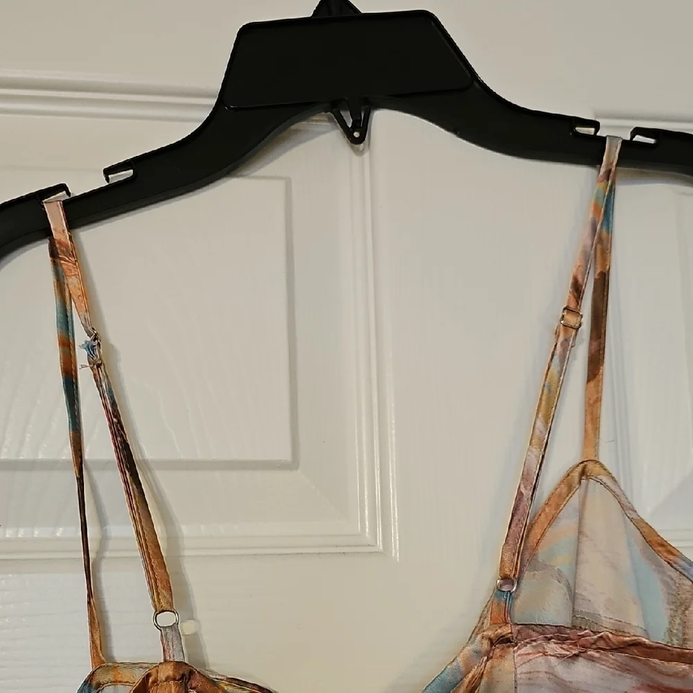 PrettyLittleThing Marble-Print Asymmetric Slip Dress - Peach, Blue & Cream - Picture 7 of 7